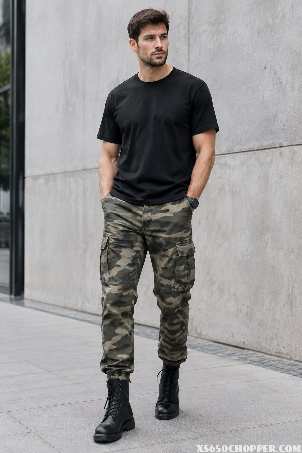 A man stands on a city sidewalk wearing cargo pants, a black T-shirt, and boots.