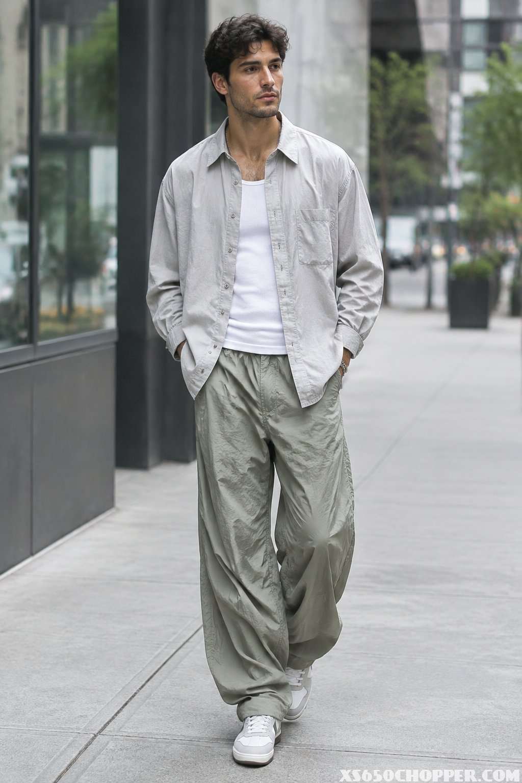 A man stands on a city sidewalk wearing a loose shirt, tank top, and roomy pants.