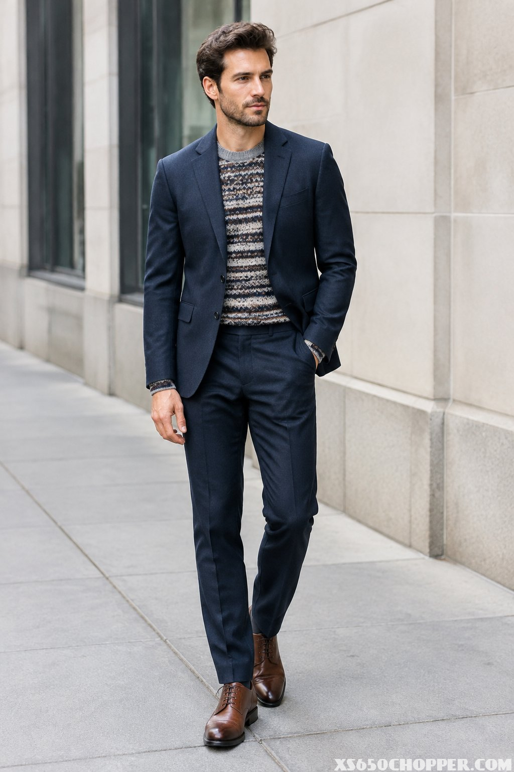 A man in a navy suit and patterned sweater stands on a city sidewalk wearing brown shoes.