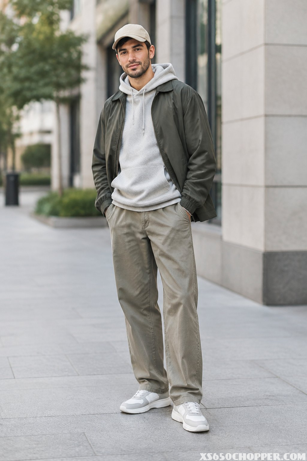 A man stands on a city sidewalk wearing a coordinated outfit.