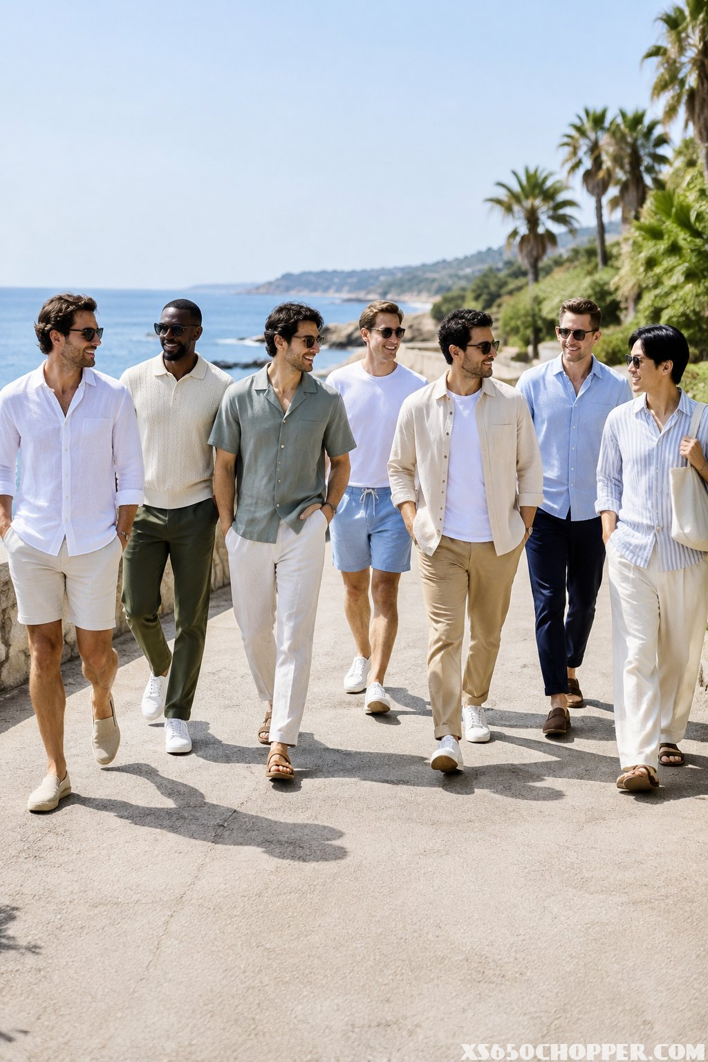Seven men in summer clothes walking along a coastal promenade.