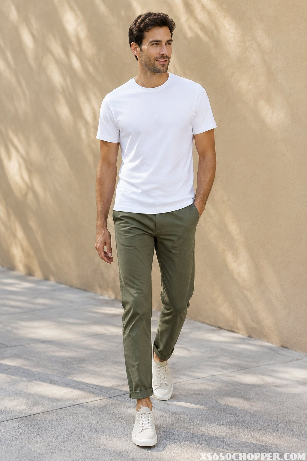 A man wearing a white T-shirt, olive chinos, and canvas sneakers.