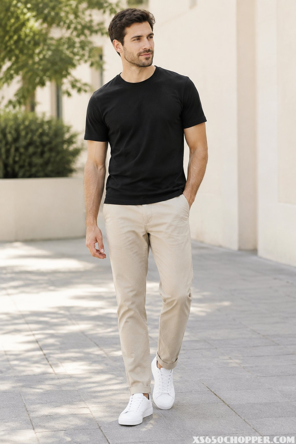 A man in a black T-shirt, beige chinos, and white sneakers stands on a walkway.