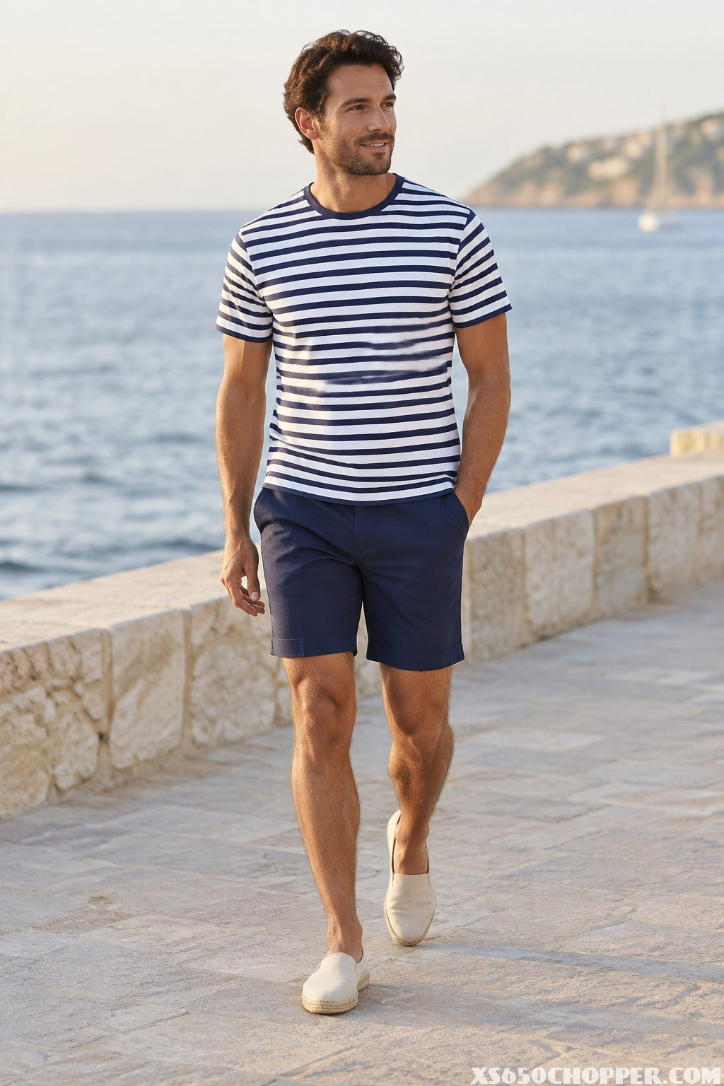 A man in a striped shirt, navy shorts, and canvas espadrilles walks beside the sea.