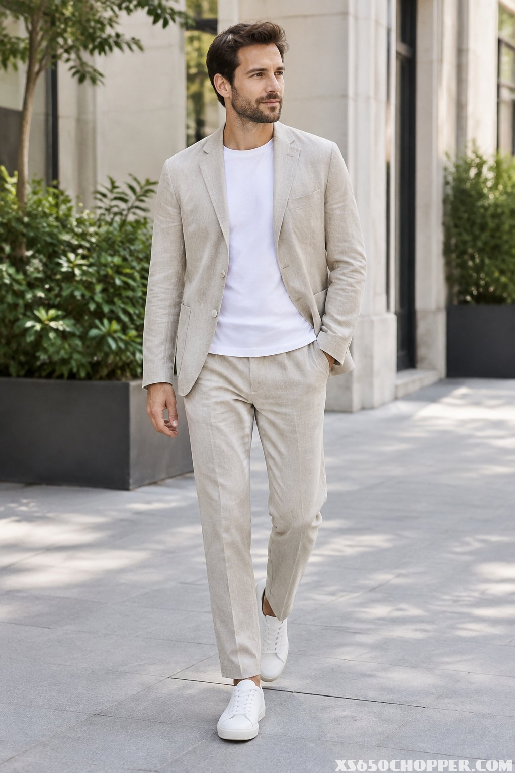 A man in a light blazer, white T-shirt, and tailored trousers standing outdoors.