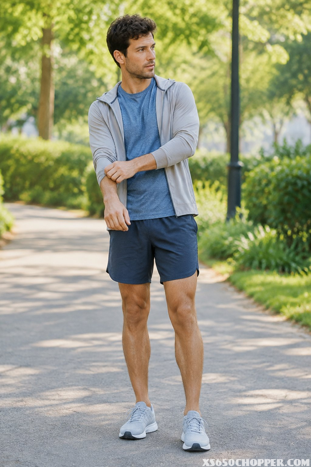A man in a hoodie, running shorts, and trainers stands on a park path.