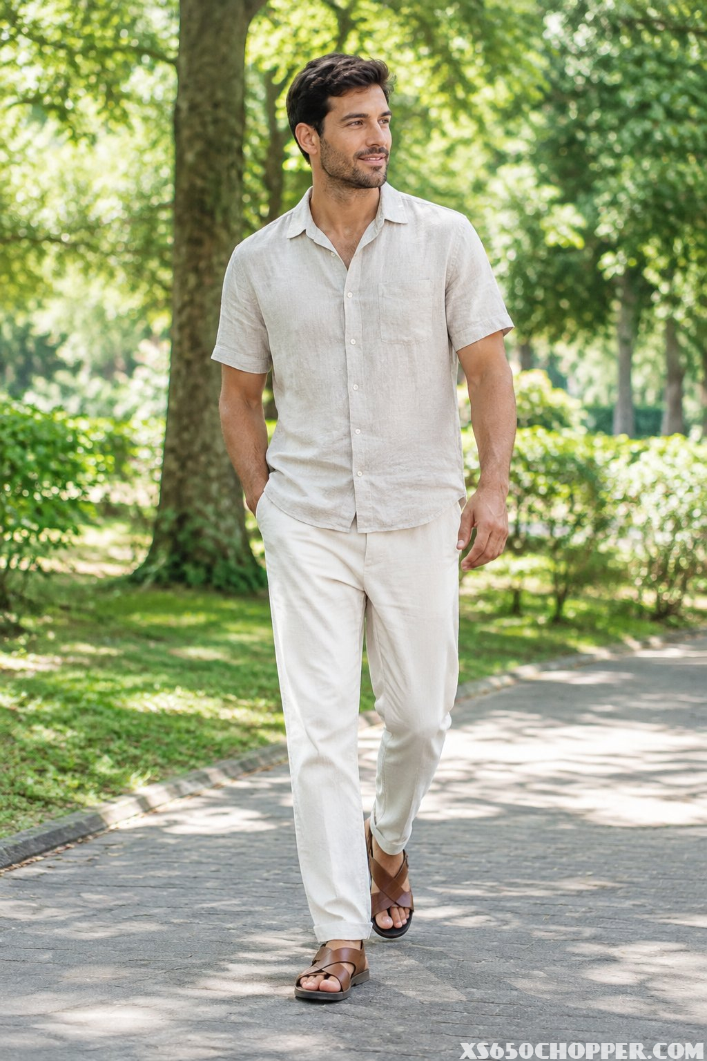 A man in a light shirt and trousers walking through a leafy park.
