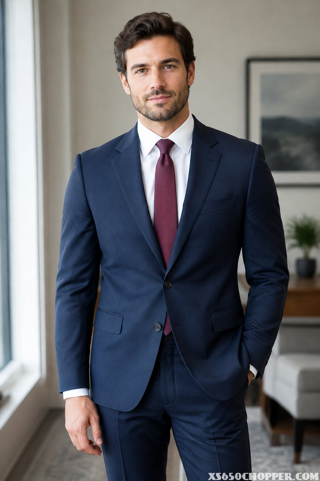 A man wearing a navy suit, white shirt, and burgundy tie.