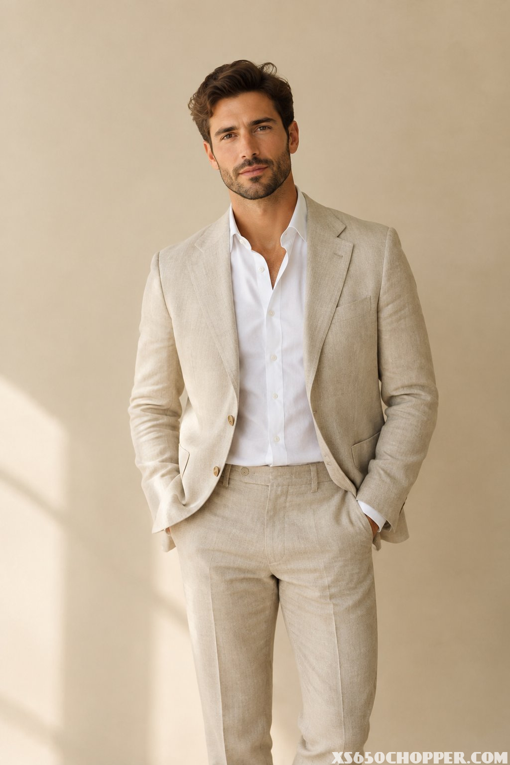 A man wearing a beige suit and white shirt.