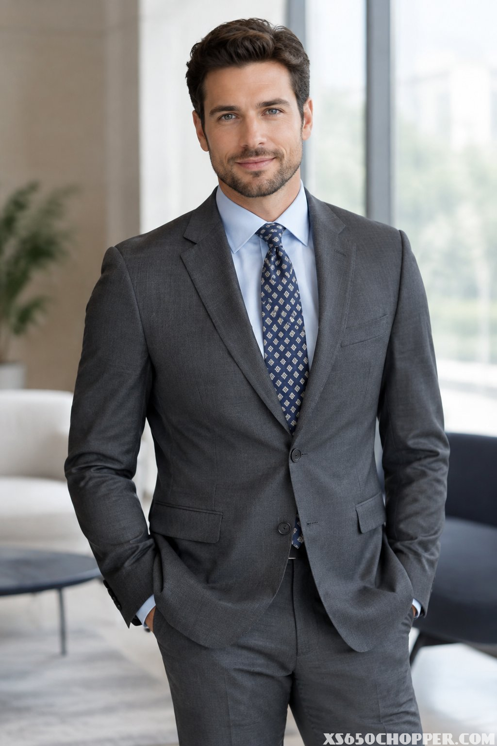 A man in a gray suit, pale blue shirt, and patterned tie standing in an office lobby.
