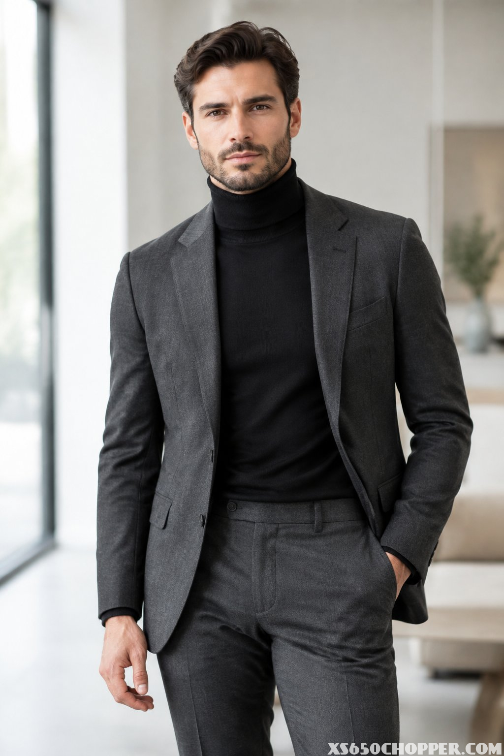 A man wearing a black turtleneck and charcoal suit stands in a bright modern interior.