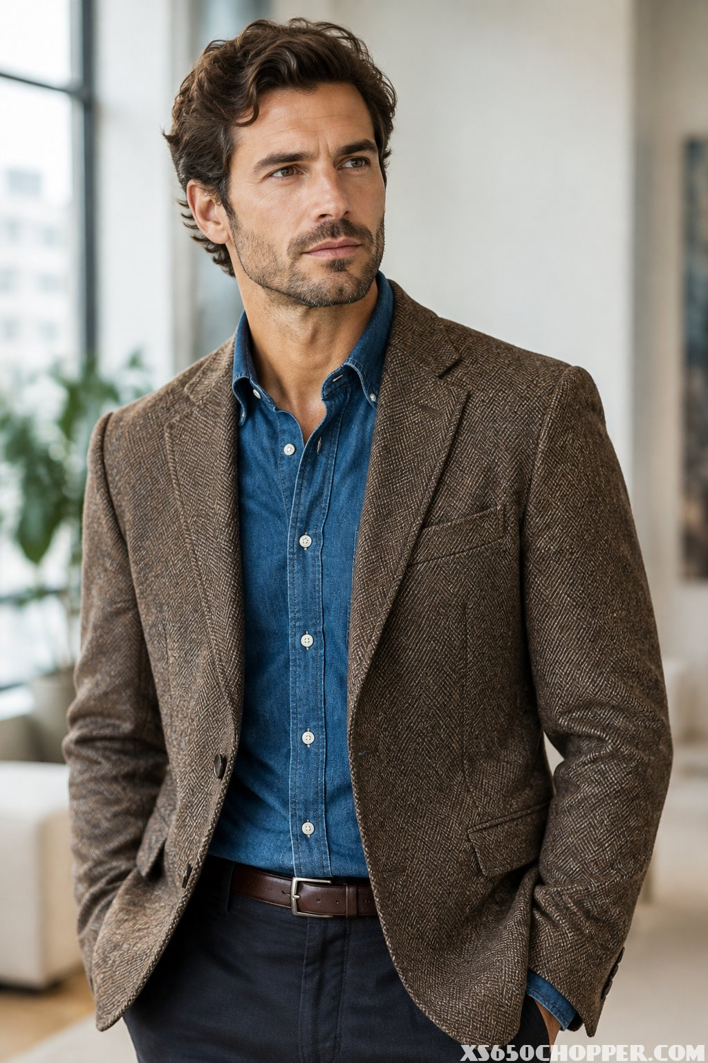A man wearing a denim shirt and brown blazer.