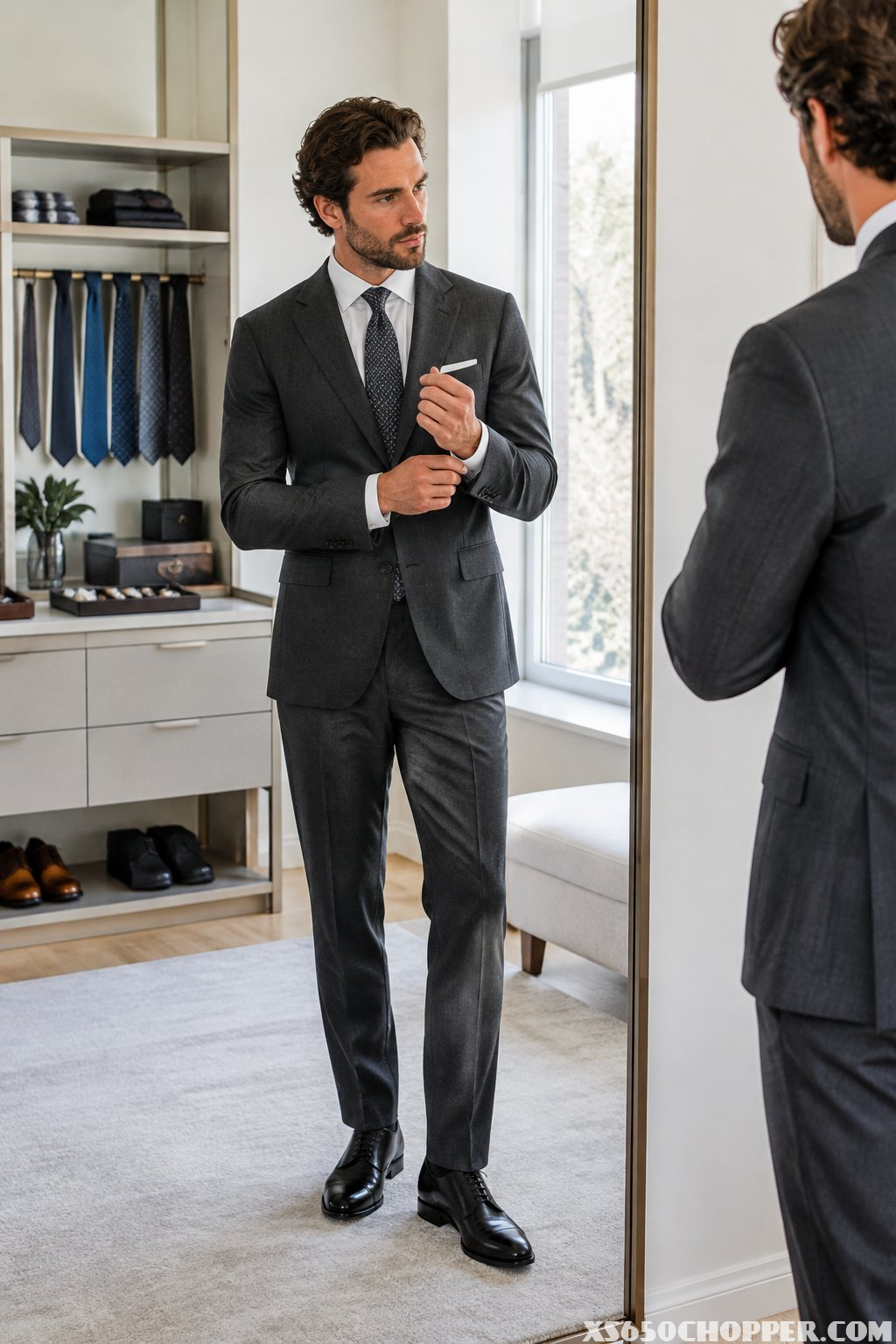 A man adjusts his suit cuff while looking in a full-length mirror.