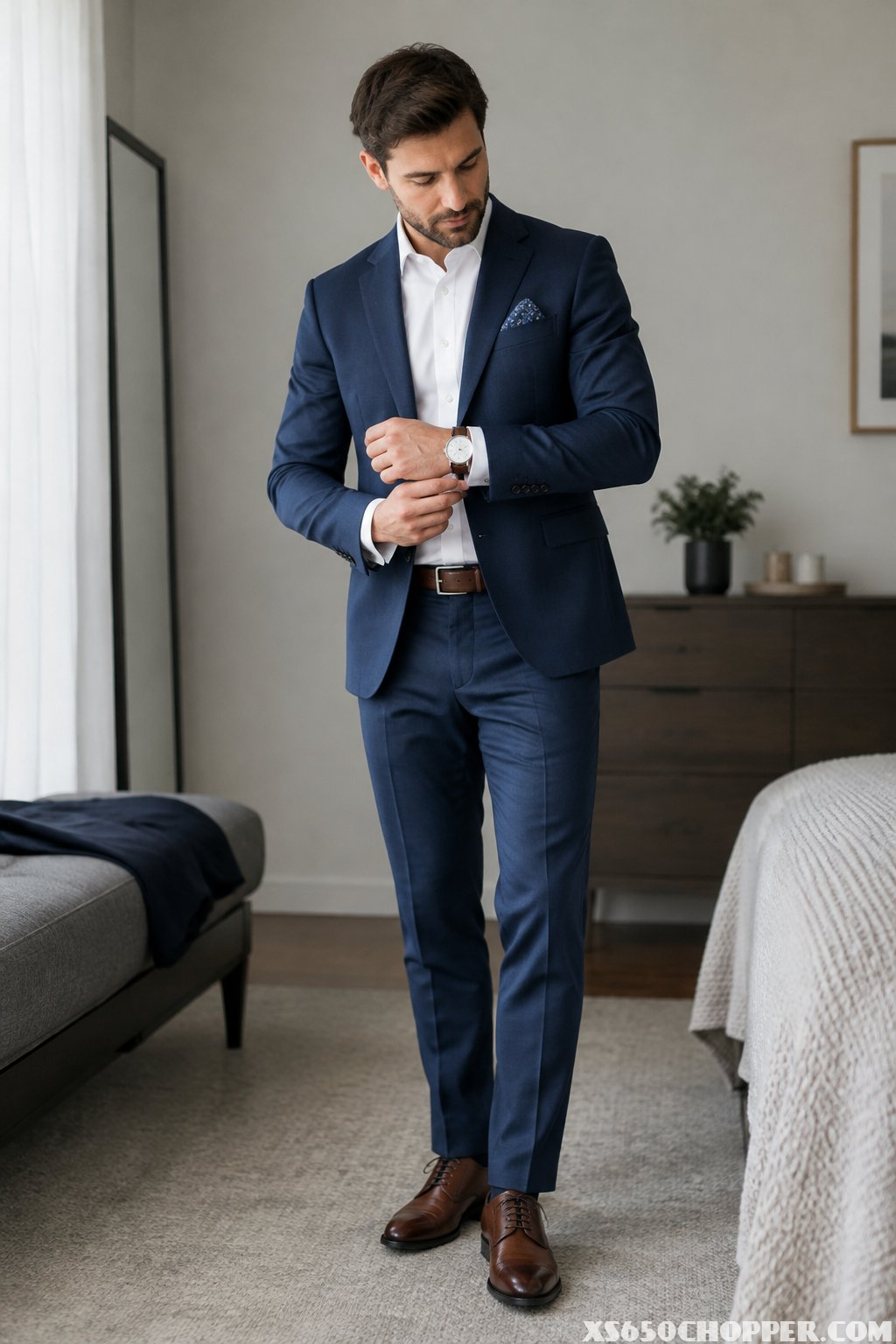 A man in a navy suit adjusts his wristwatch in a bedroom.