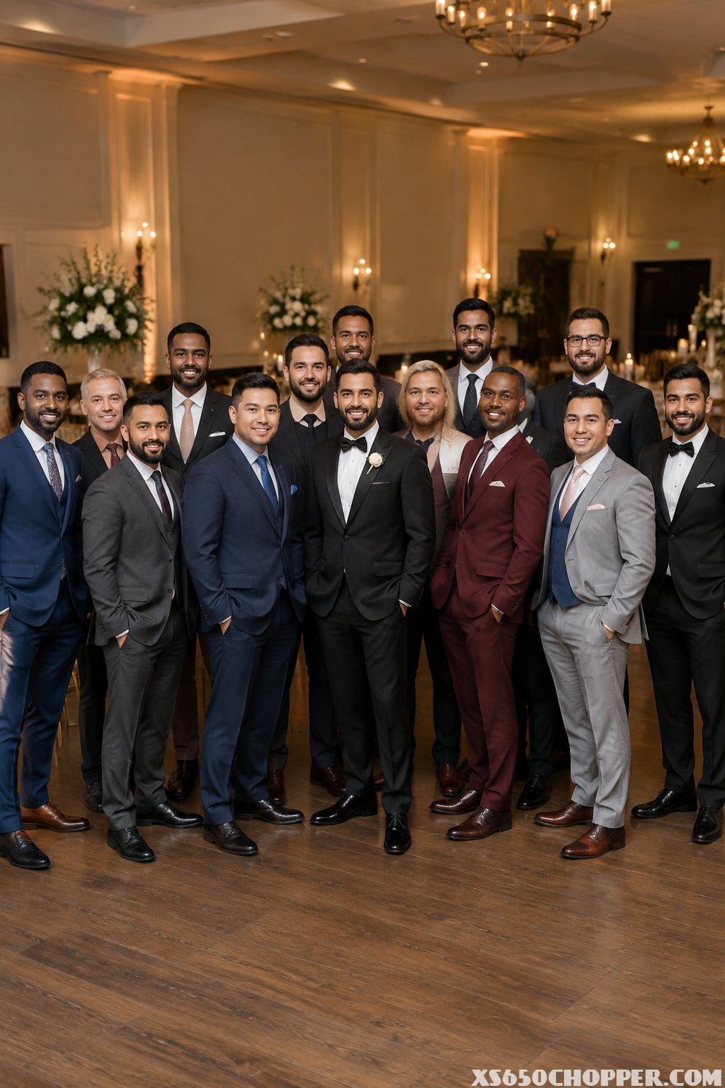 A group of men in formal outfits gathered inside a wedding venue.