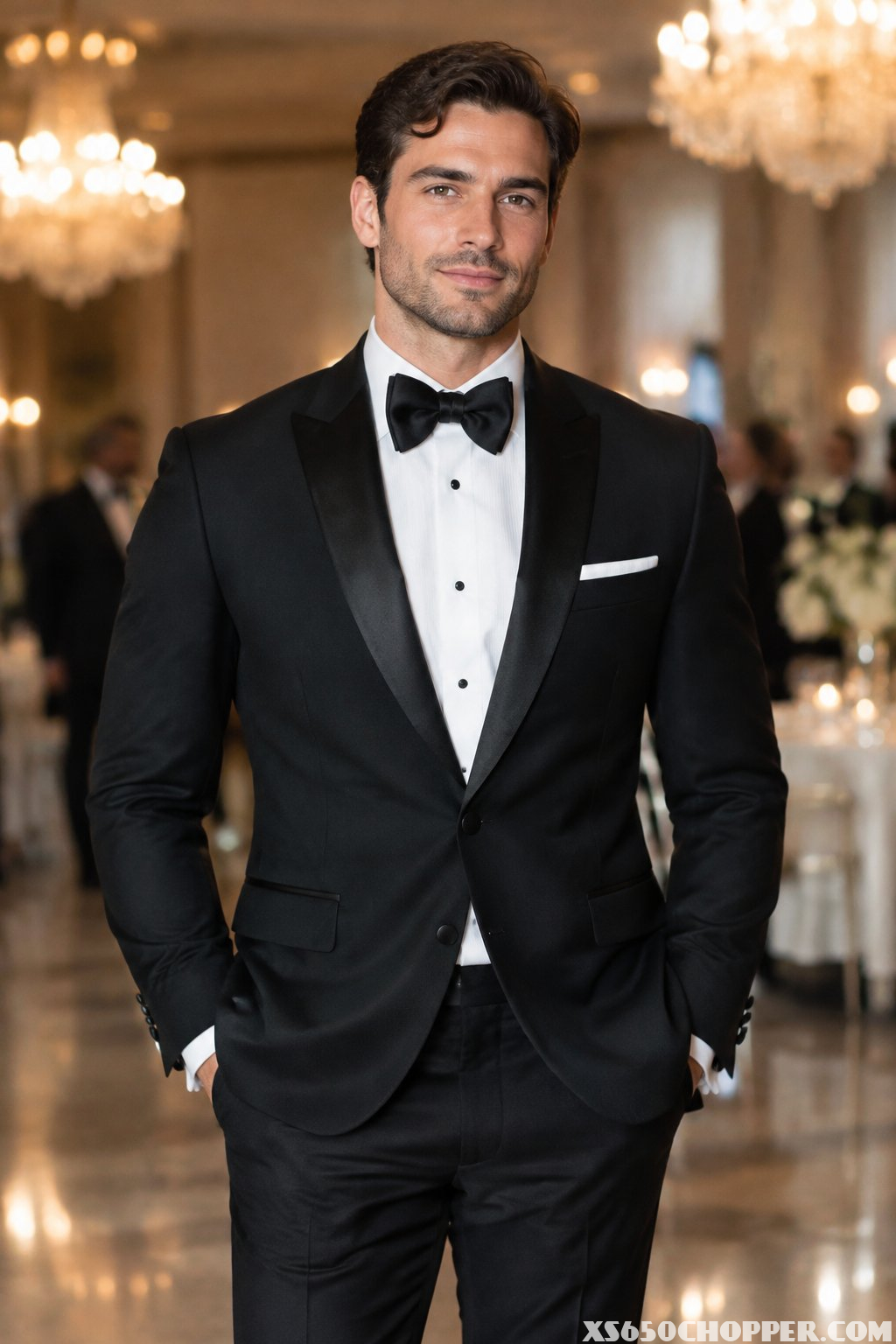 A man in a black tuxedo and bow tie stands in an elegant reception hall.