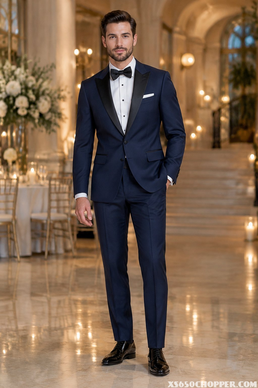 A man in a midnight-blue tuxedo and shiny black shoes stands at an elegant event venue.