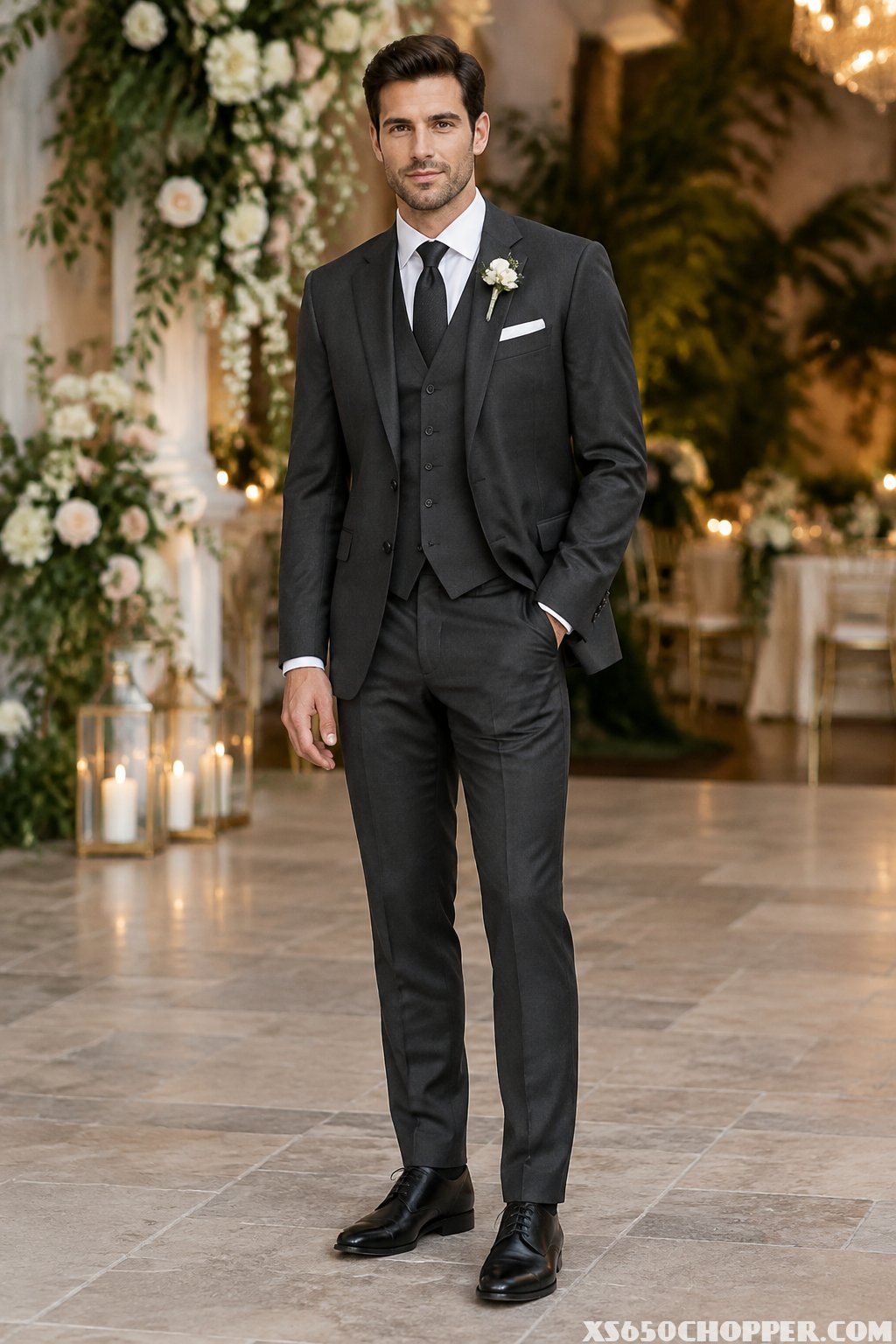 A man in a charcoal three-piece suit stands at a wedding venue.