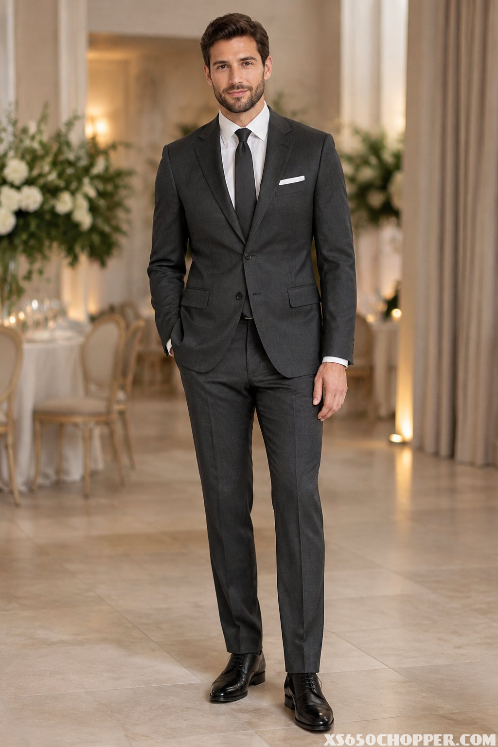 A man wearing a charcoal suit stands at an elegant wedding venue.