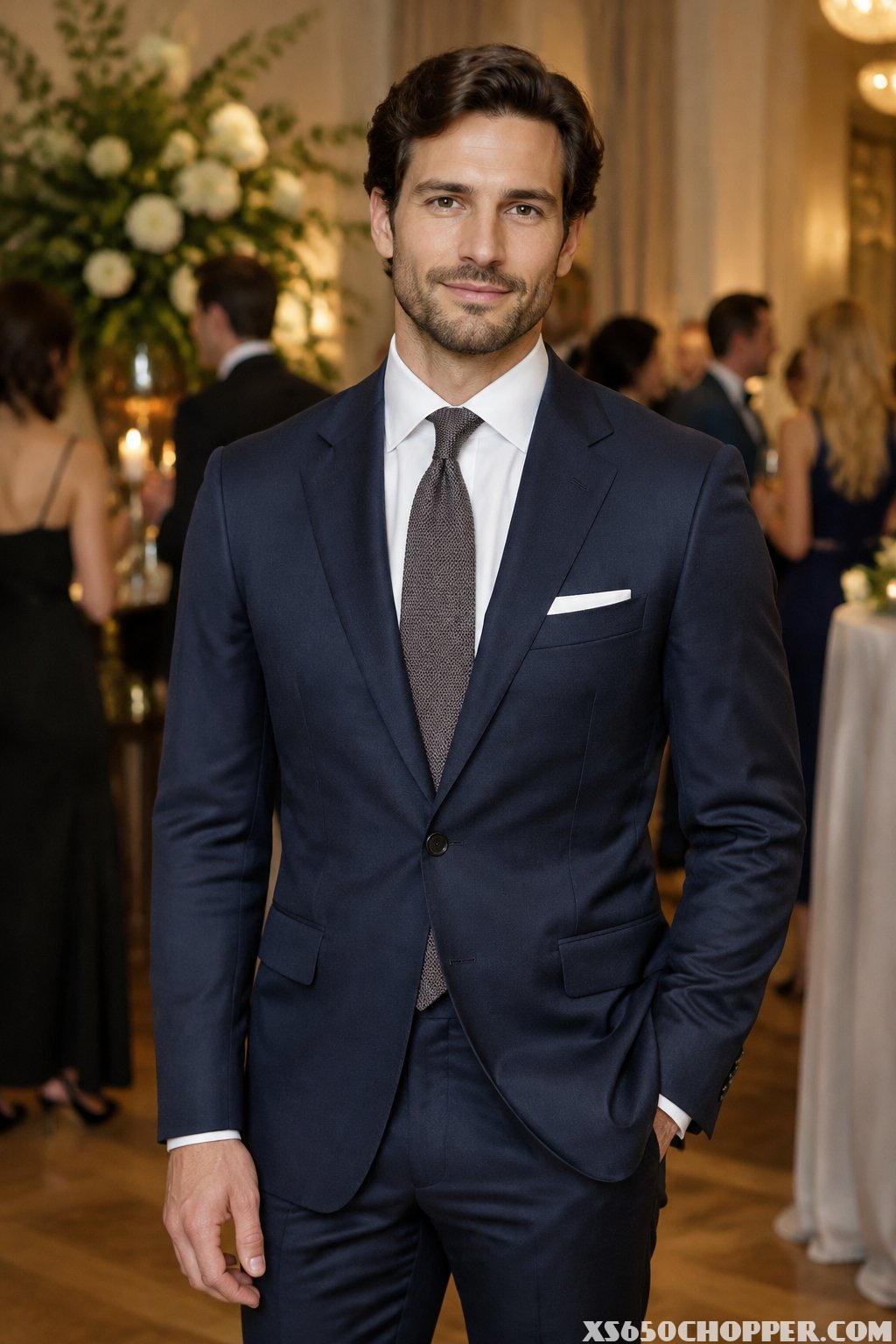 A man in a navy suit and knitted tie at a formal reception.