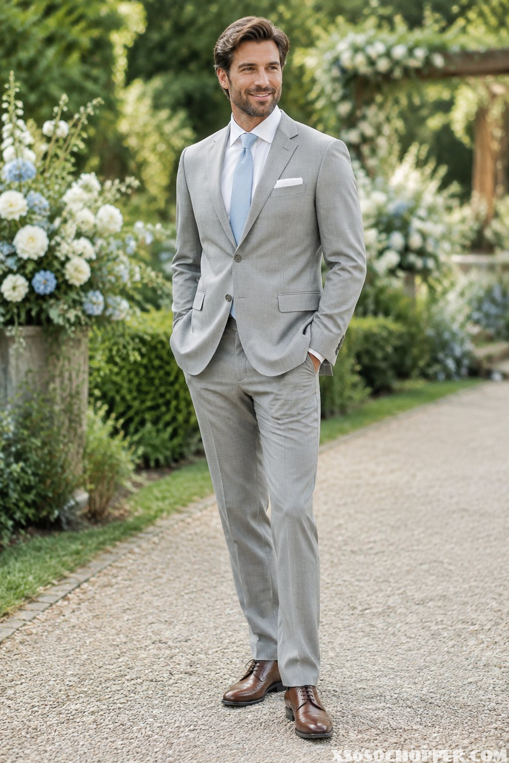 A man in a light grey suit stands on a garden path surrounded by greenery and flowers.