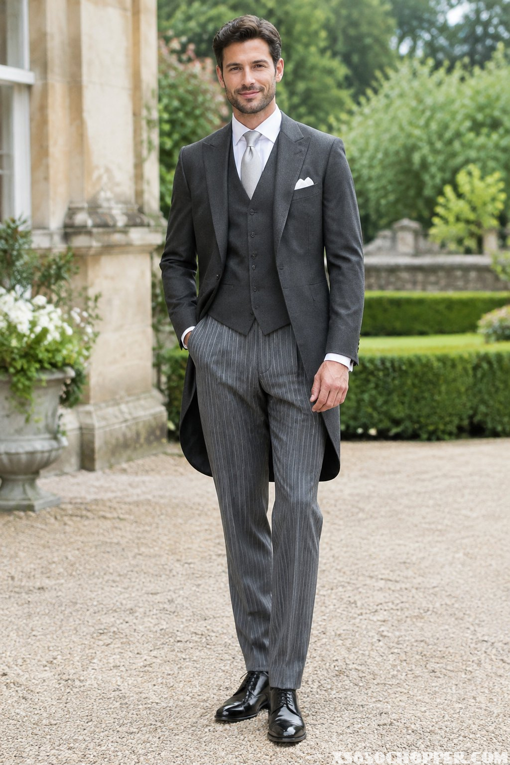 A man in a formal suit stands outside a traditional venue.