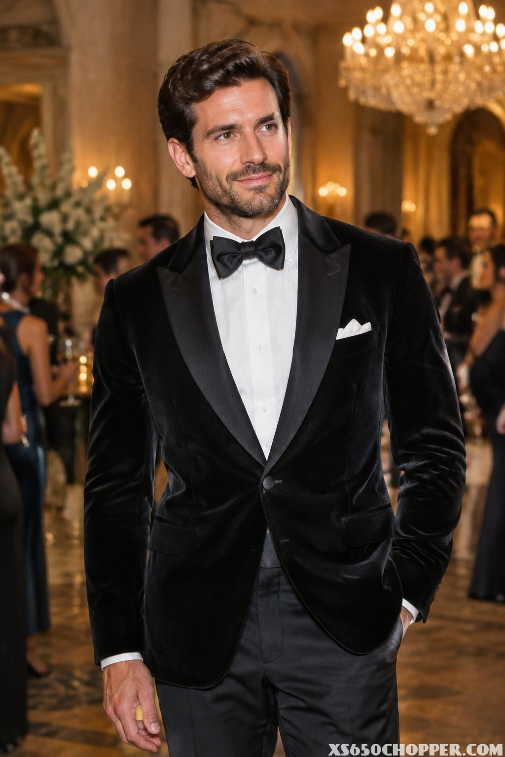 A man in a black dinner jacket stands at an evening wedding reception.