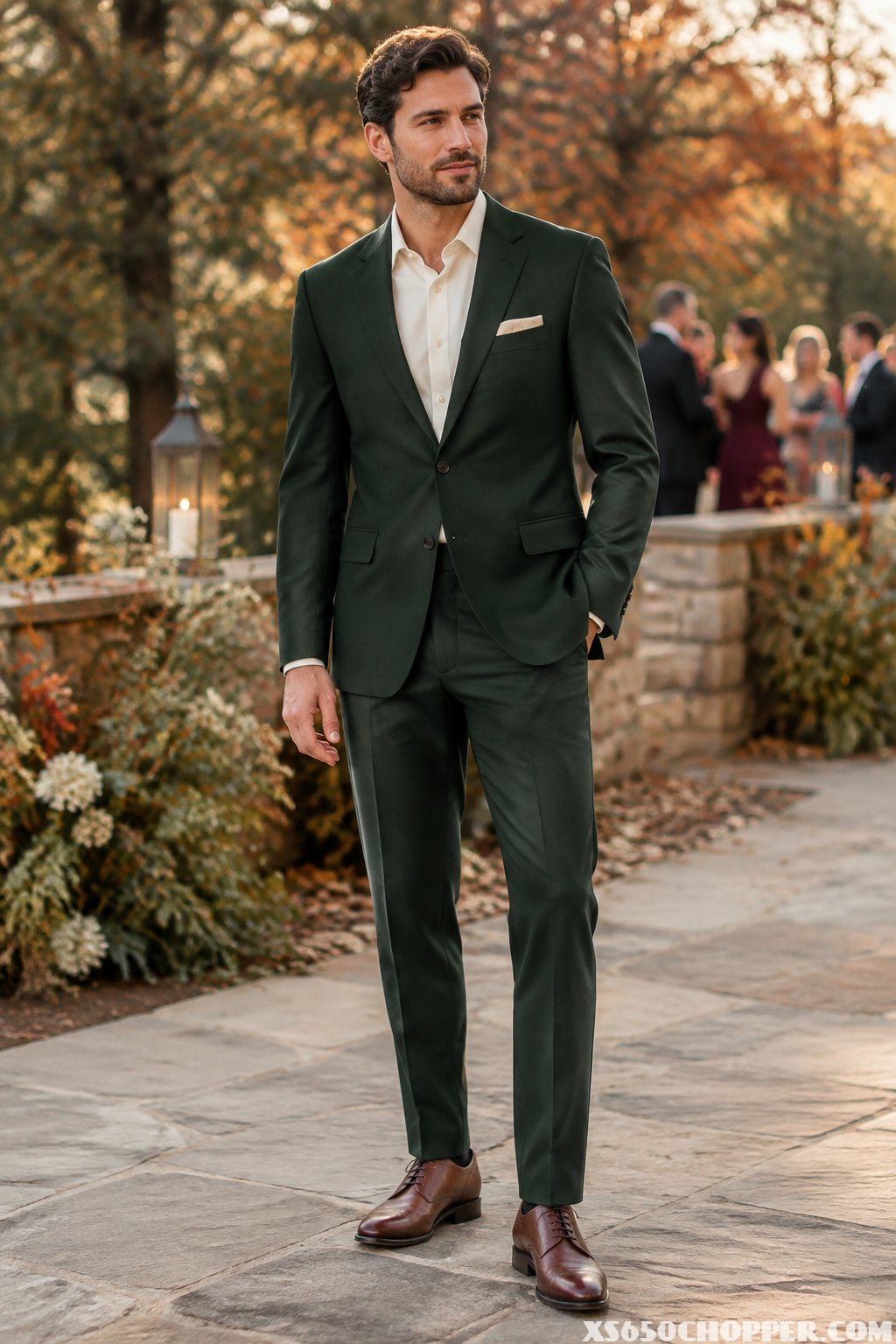 A man in a green suit and cream shirt stands at an outdoor wedding venue.