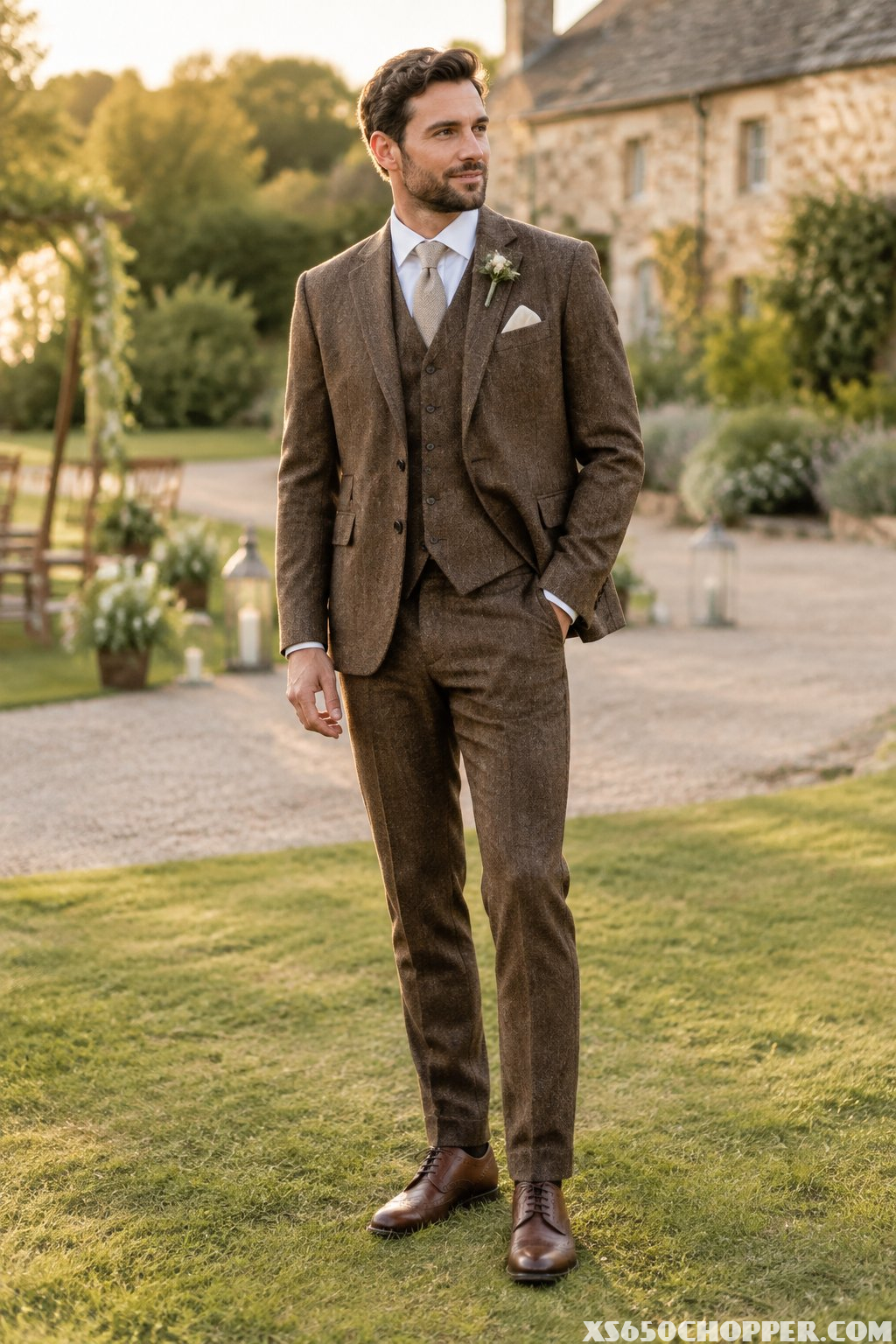 A man in a brown suit stands in a garden at a countryside wedding.