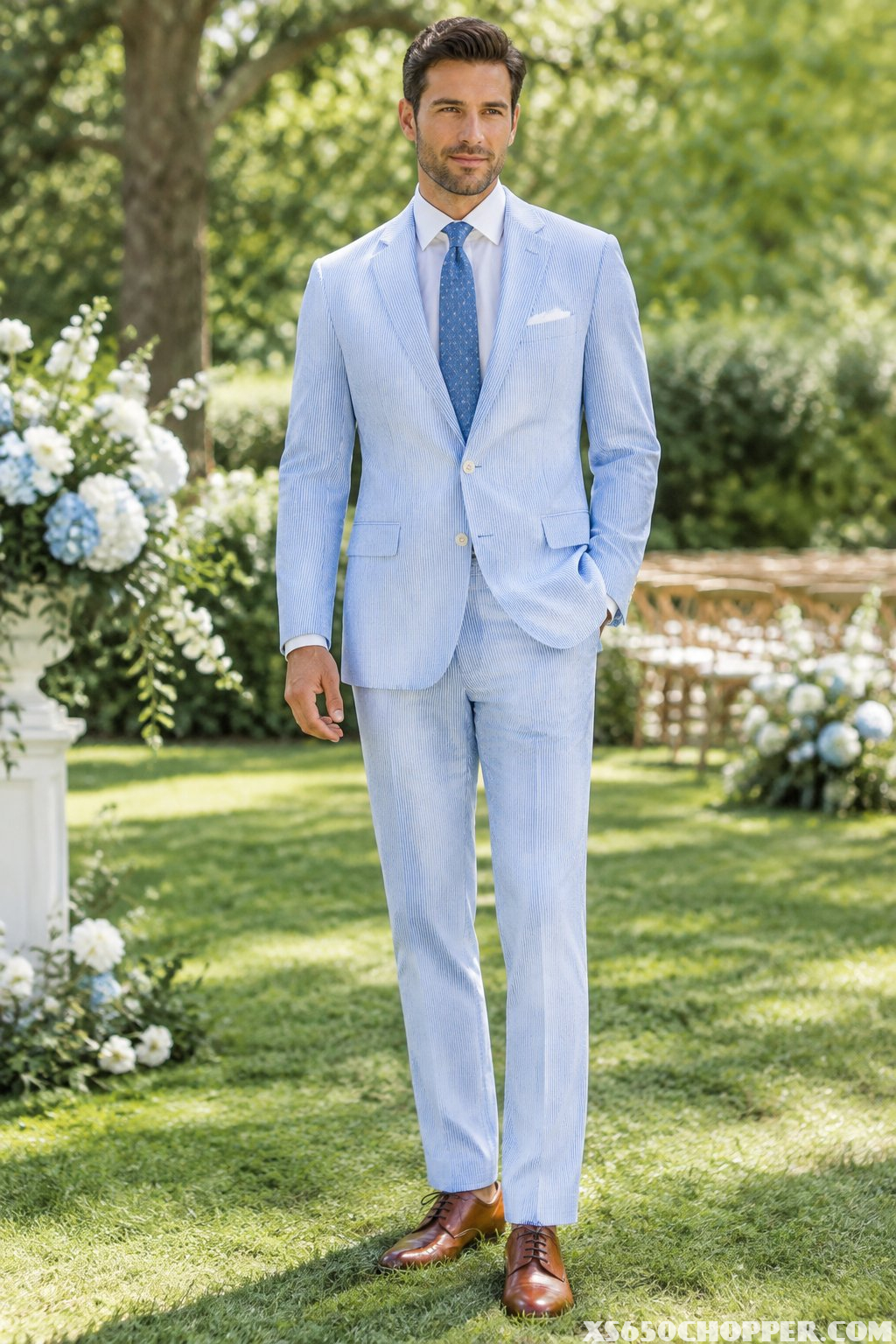 A man in a light blue suit stands in a garden.