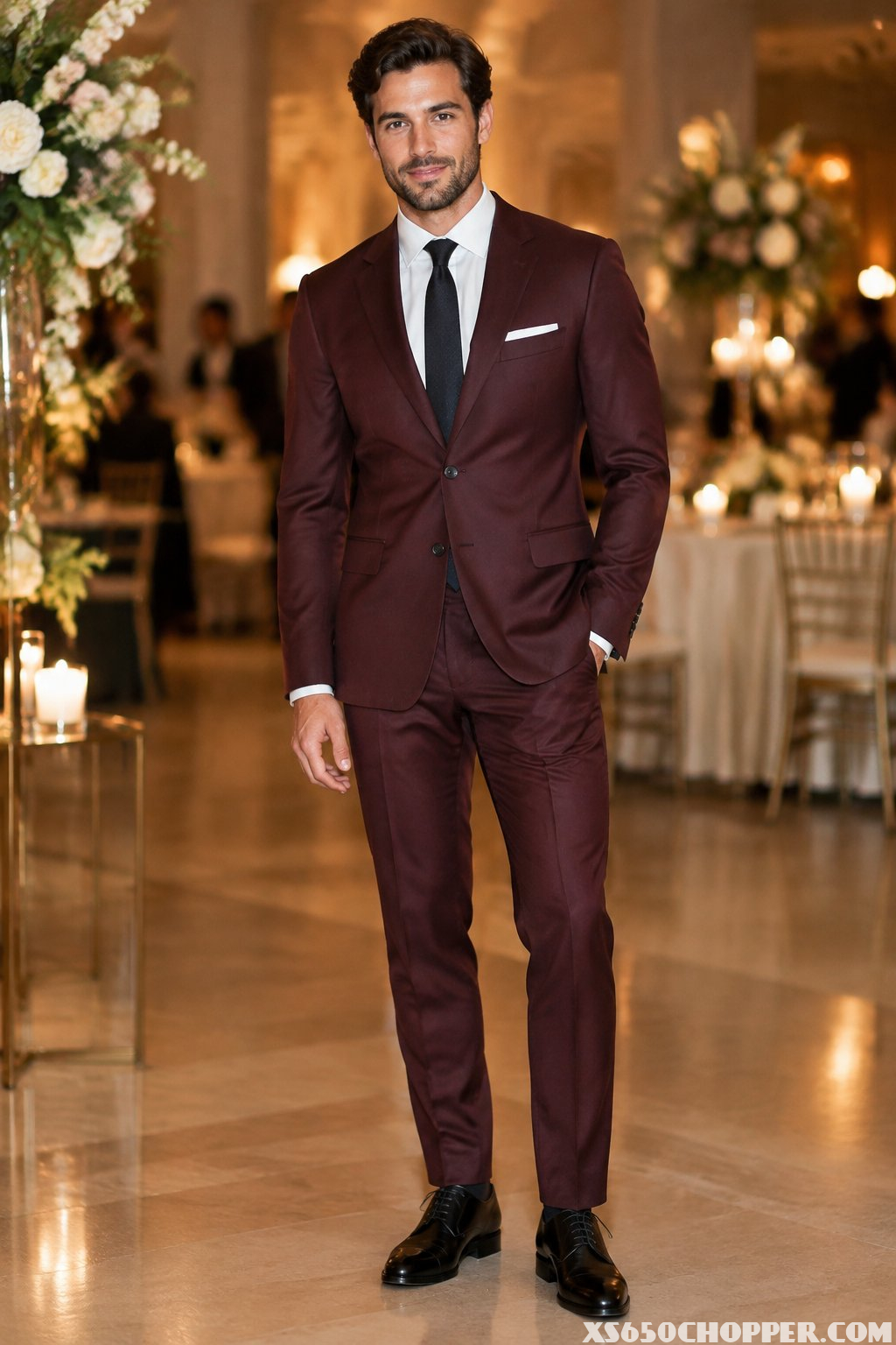 A man in a burgundy suit and white shirt stands at an evening event.