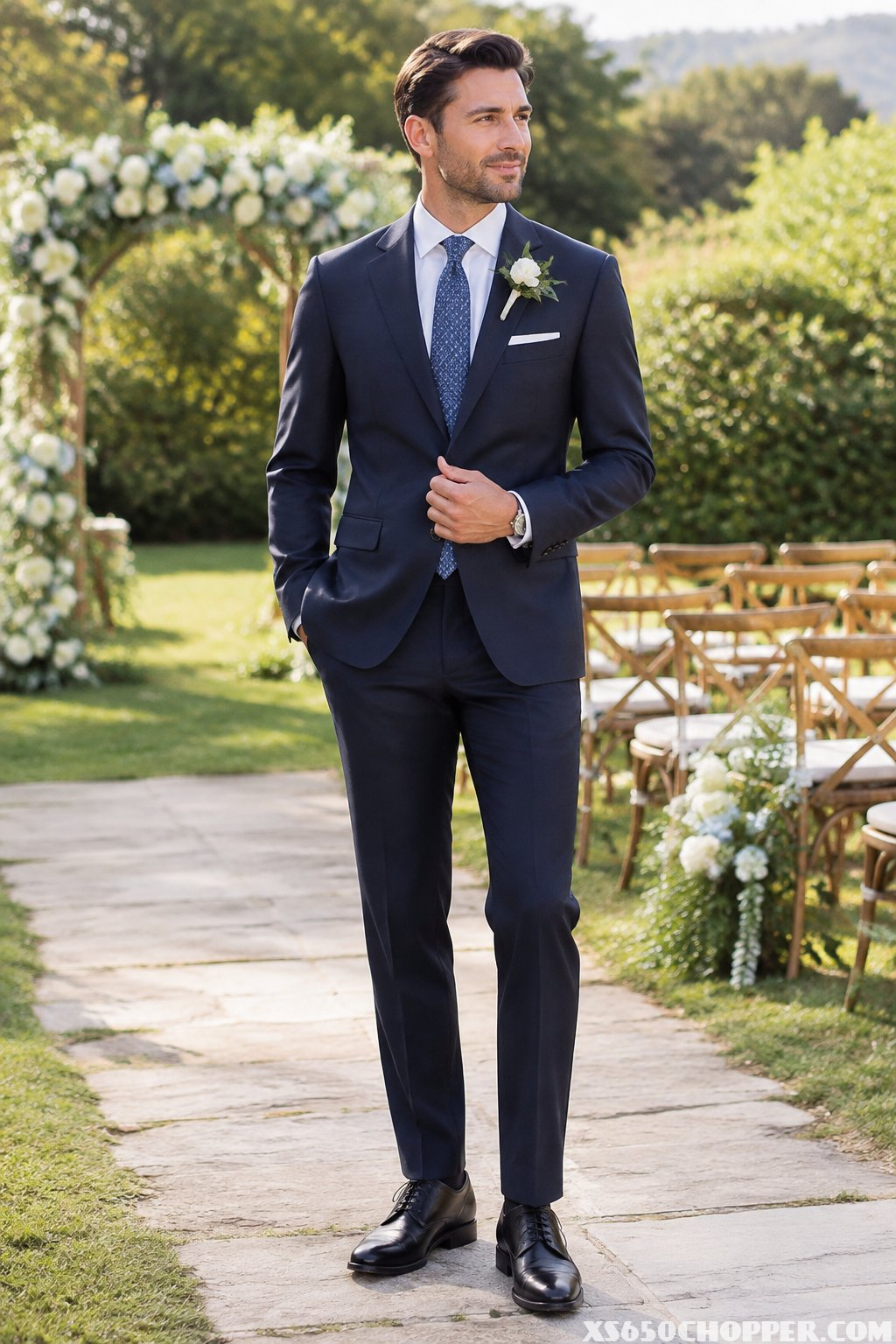 A man in a navy suit stands at an outdoor wedding venue.