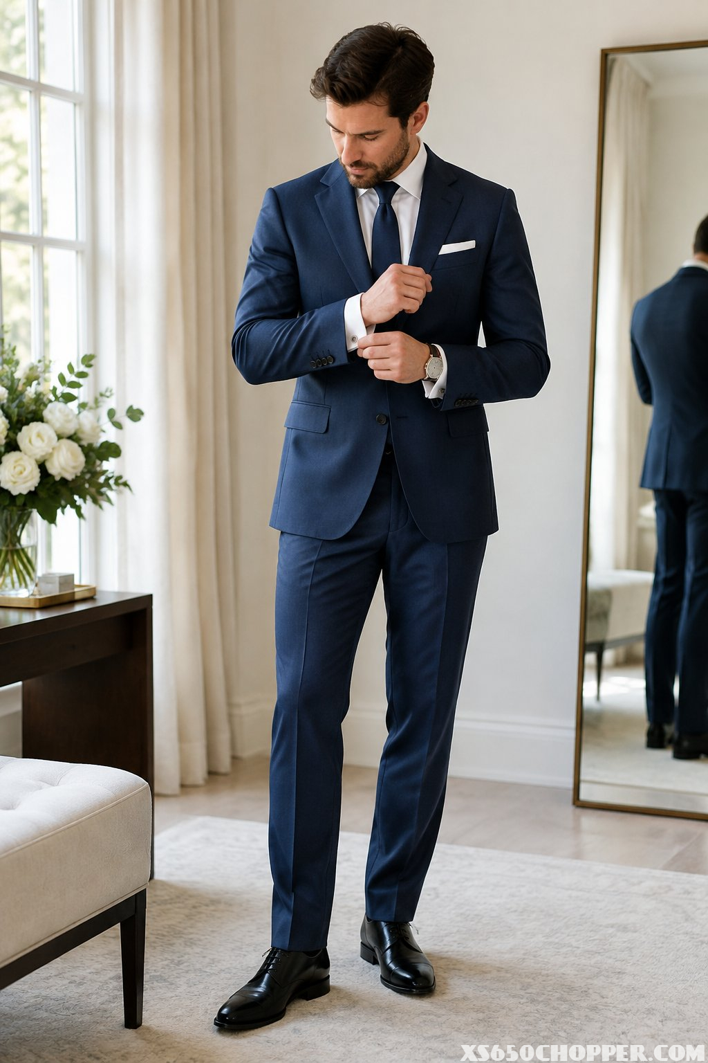 A man in a navy suit adjusts his cufflink in a bright dressing room.
