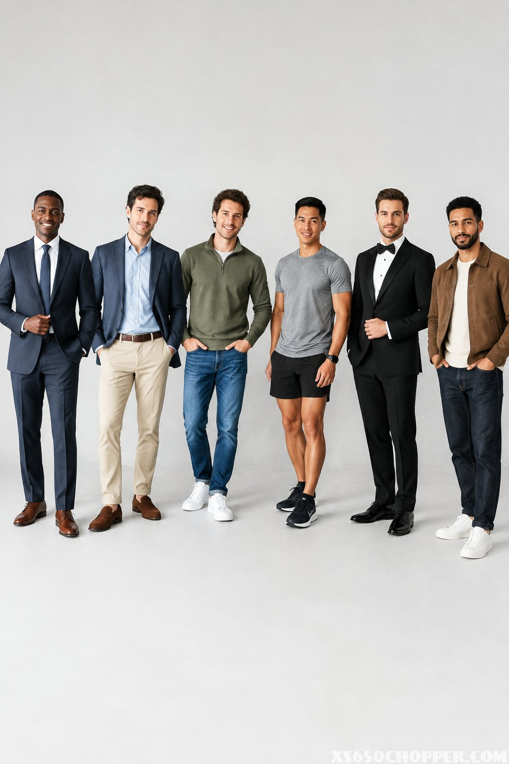 A group of men wearing outfits for different occasions.