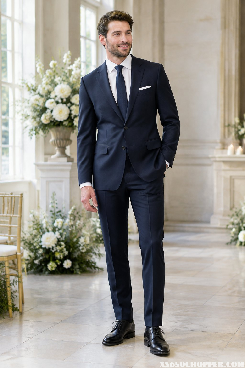 A man in a navy suit and black shoes stands in a wedding venue.