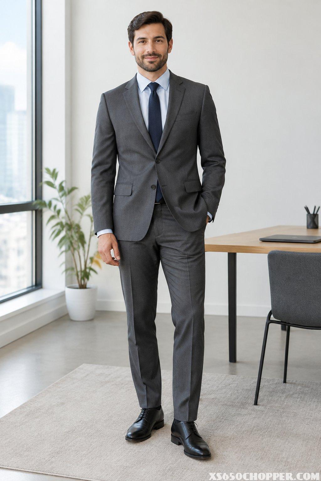 A man in a charcoal suit and pale blue shirt stands in an office wearing polished black shoes.