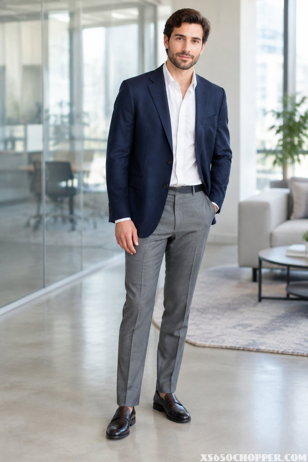 A man in a navy blazer, white shirt, and gray trousers stands in an office.