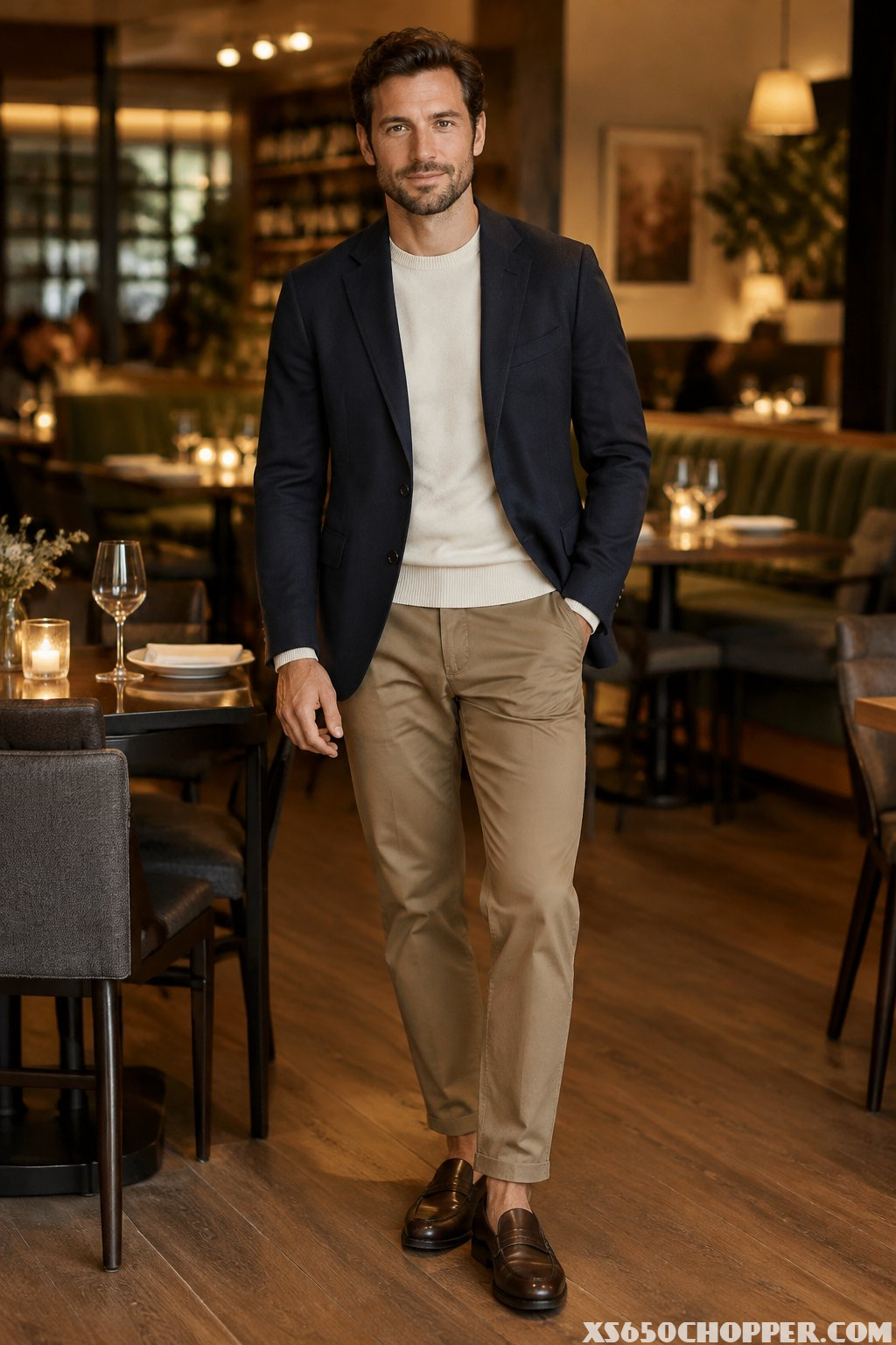 A man in a blazer, knit sweater, and chinos at a restaurant.