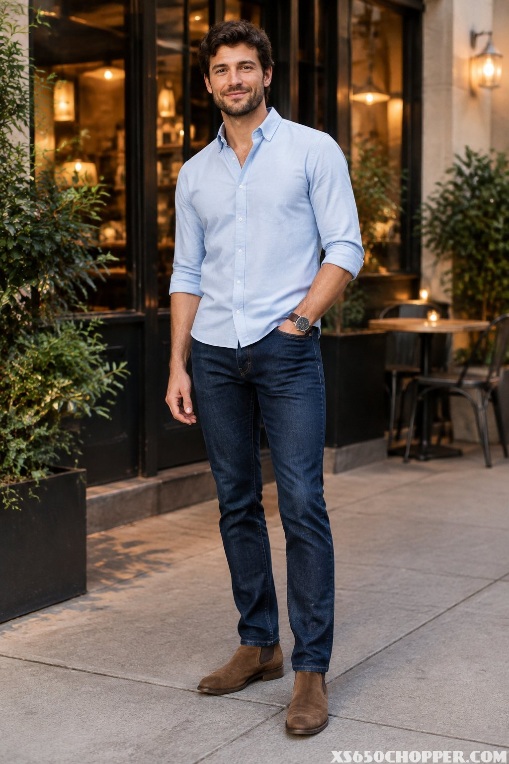 A man wearing dark jeans, a button-down shirt, and suede Chelsea boots.