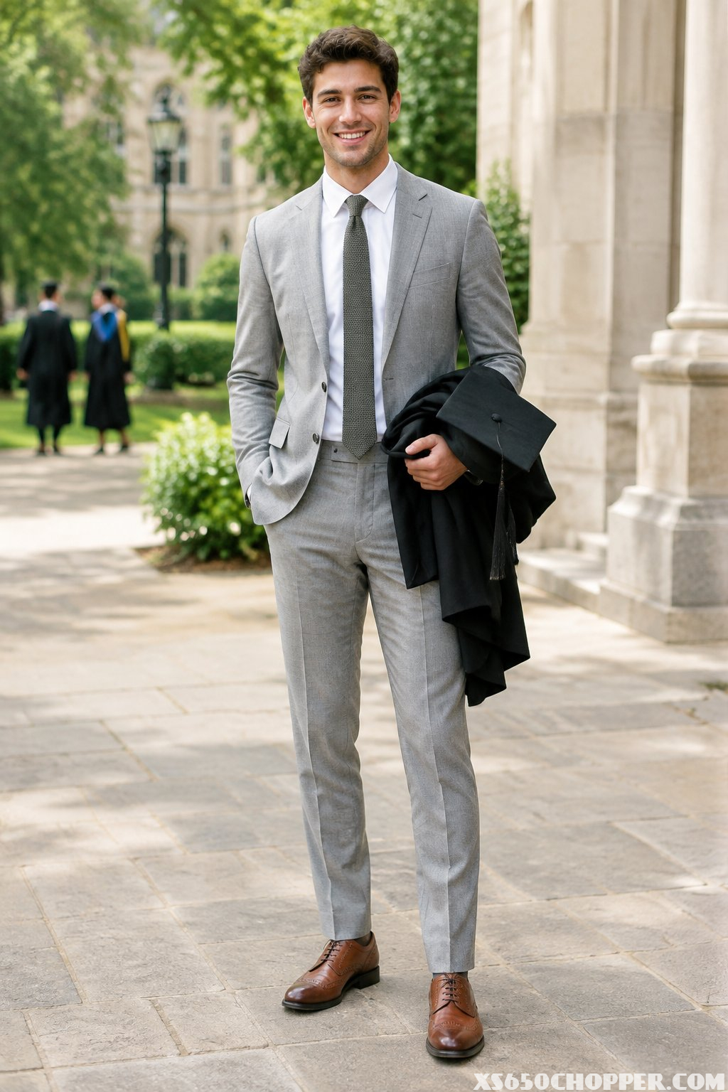 A man in a suit stands on a university campus holding a graduation gown.
