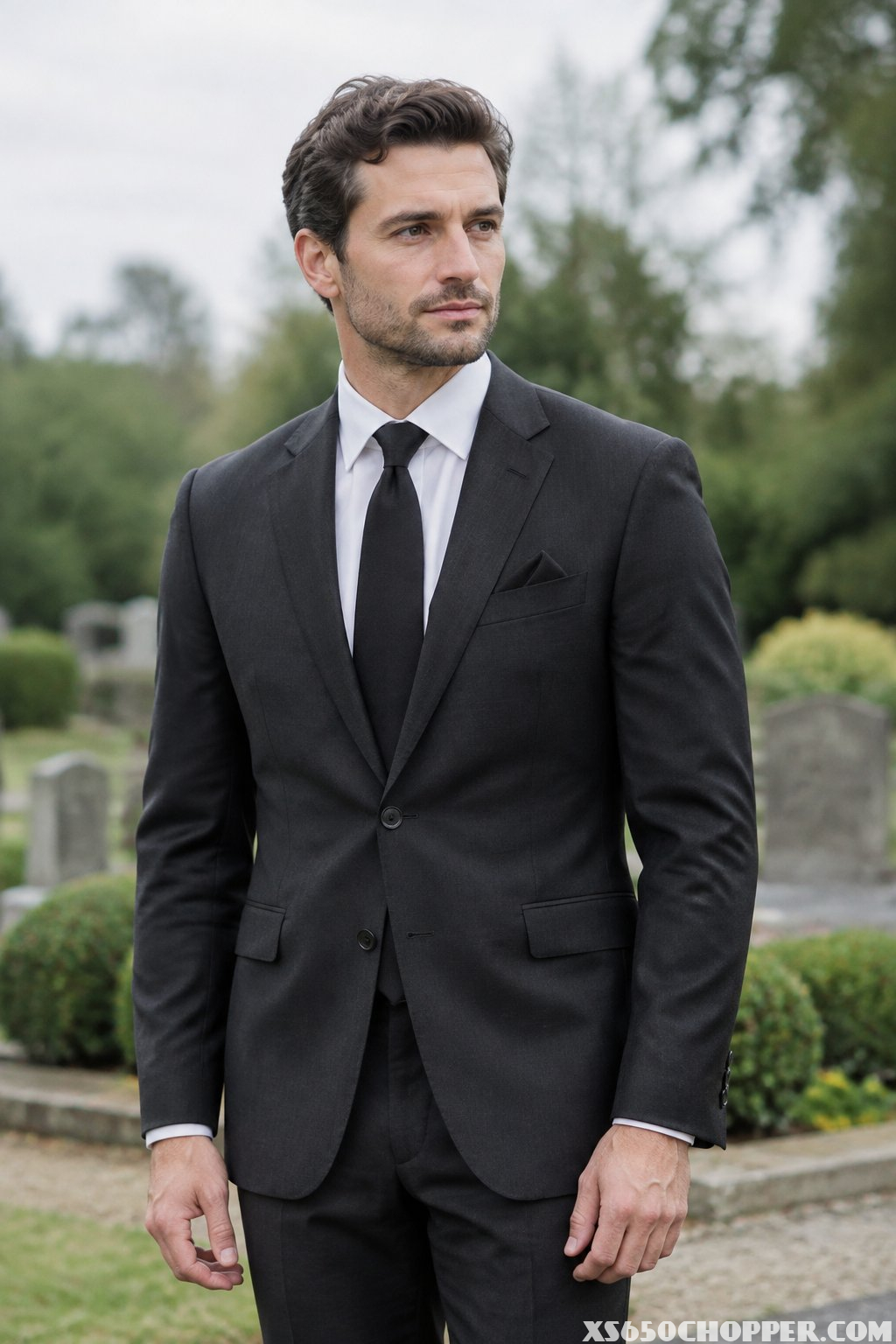 A man in a dark suit and black tie stands in a quiet memorial garden.