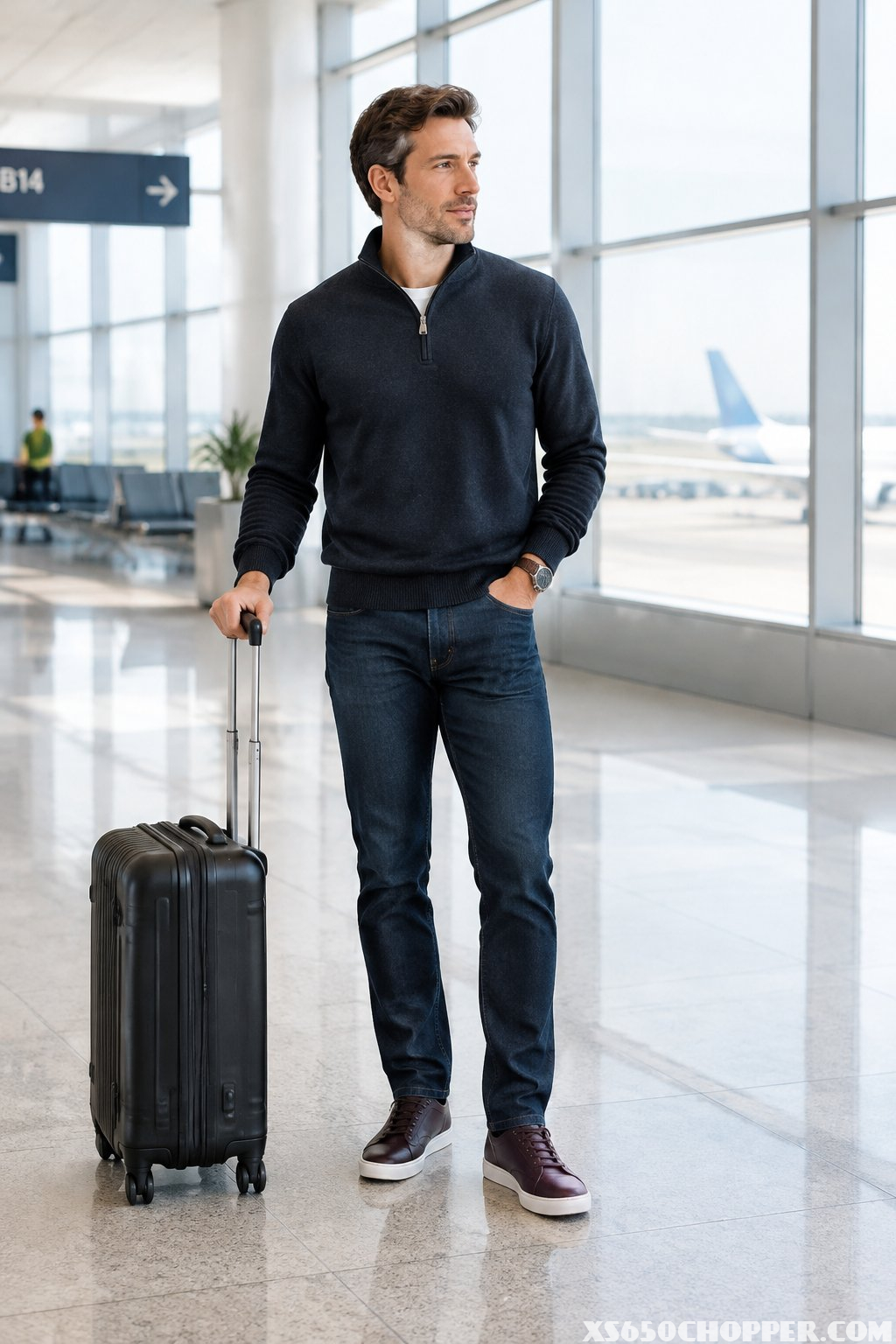 A man in a dark sweater, dark jeans, and leather sneakers stands beside a carry-on suitcase in an airport.