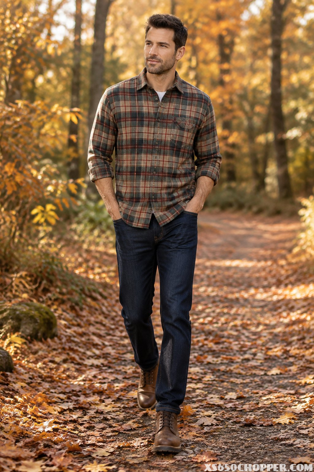 A man in a plaid shirt, dark jeans, and brown boots walking along a path covered with autumn leaves.