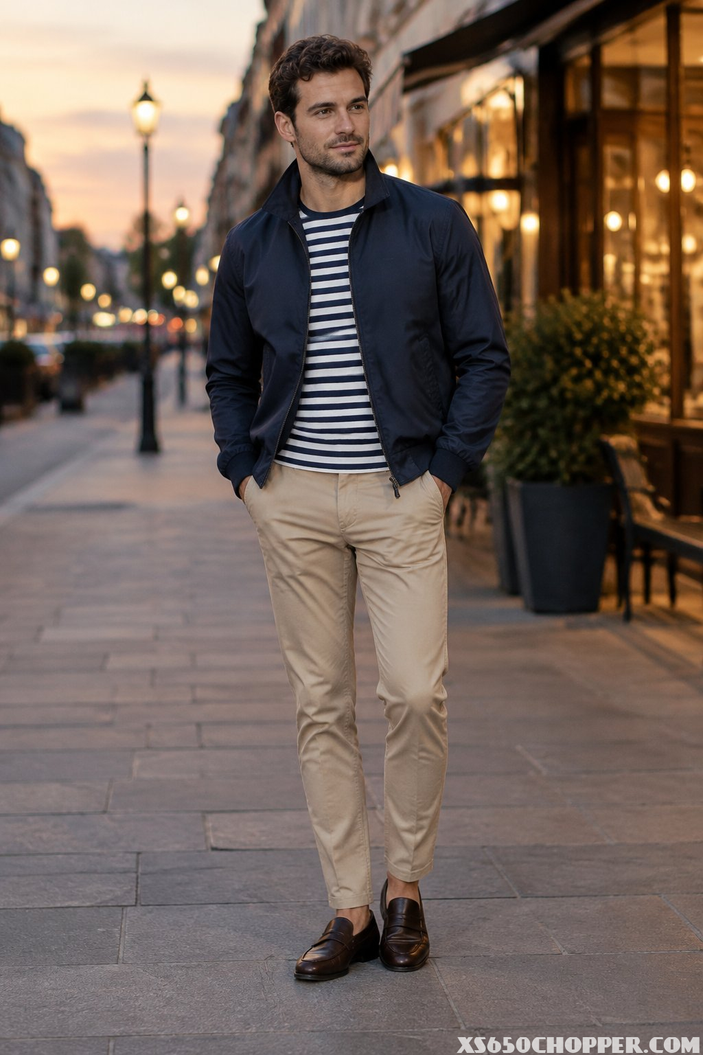 A man wearing a jacket, striped shirt, chinos, and shoes stands on a city street at dusk.
