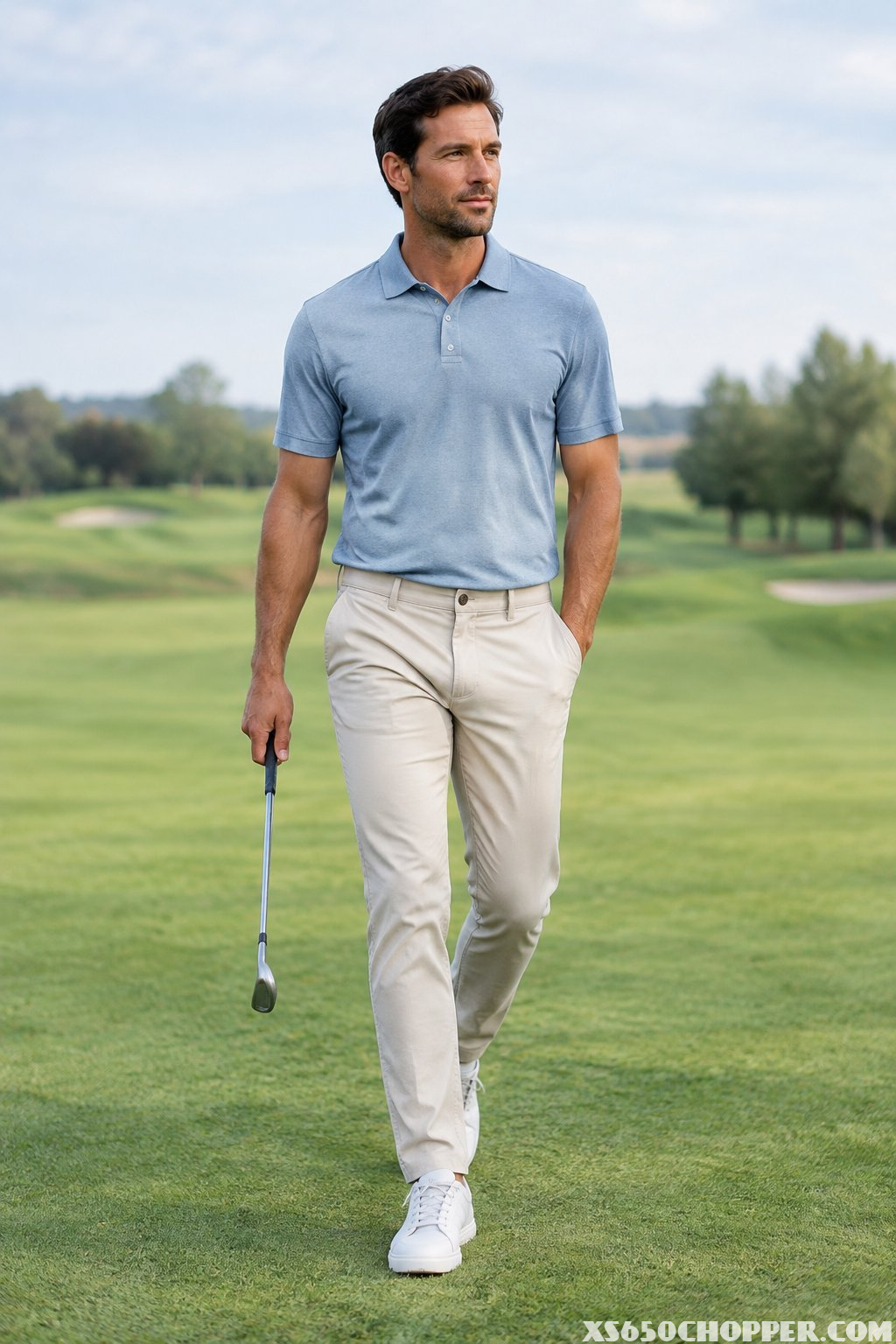 A man in a polo, chinos, and sneakers walks across a golf course carrying a club.