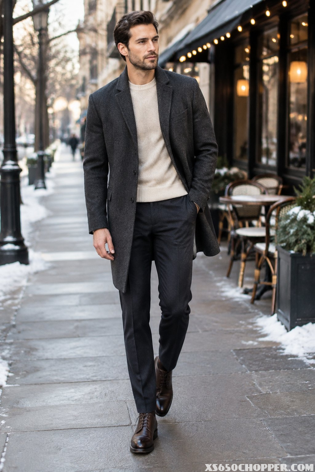 A man in a wool overcoat, crewneck sweater, and tailored trousers stands on a winter city street.