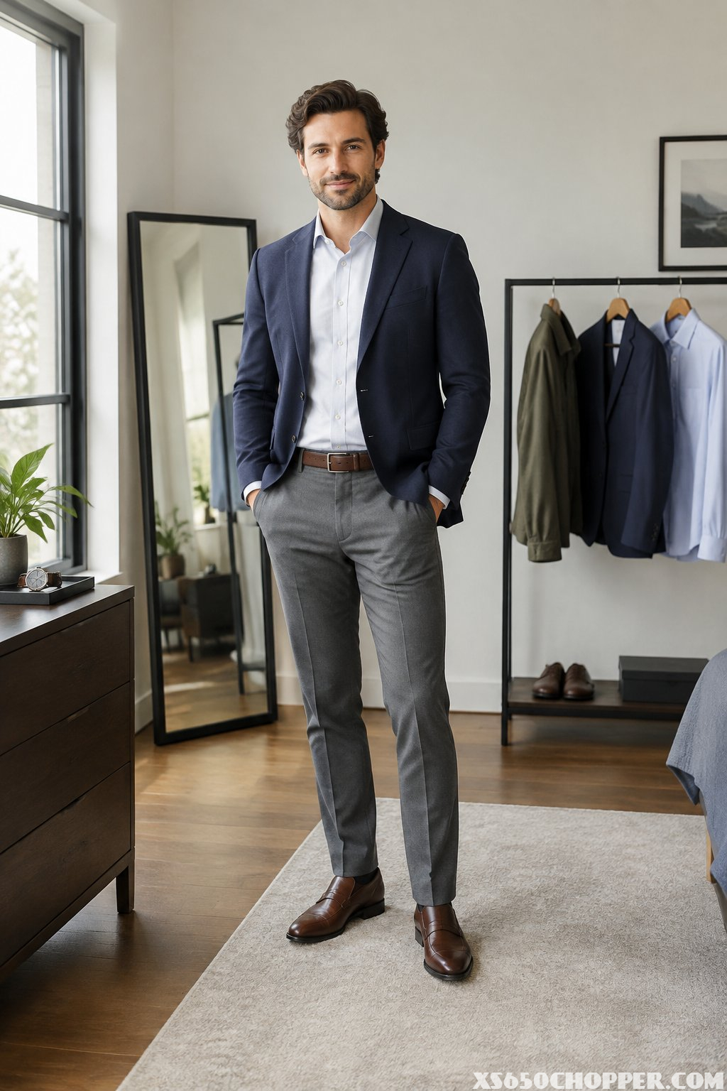 A man in a blazer stands beside a clothing rack in a dressing room.