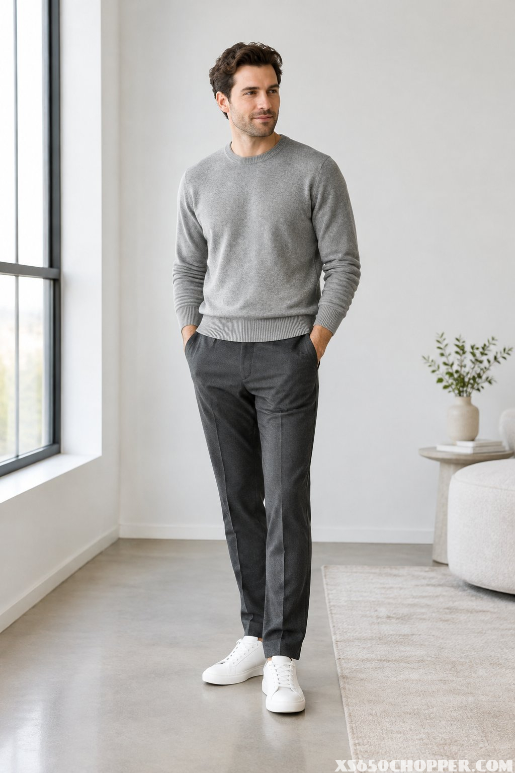 A man stands in a gray sweater, gray trousers, and white sneakers.