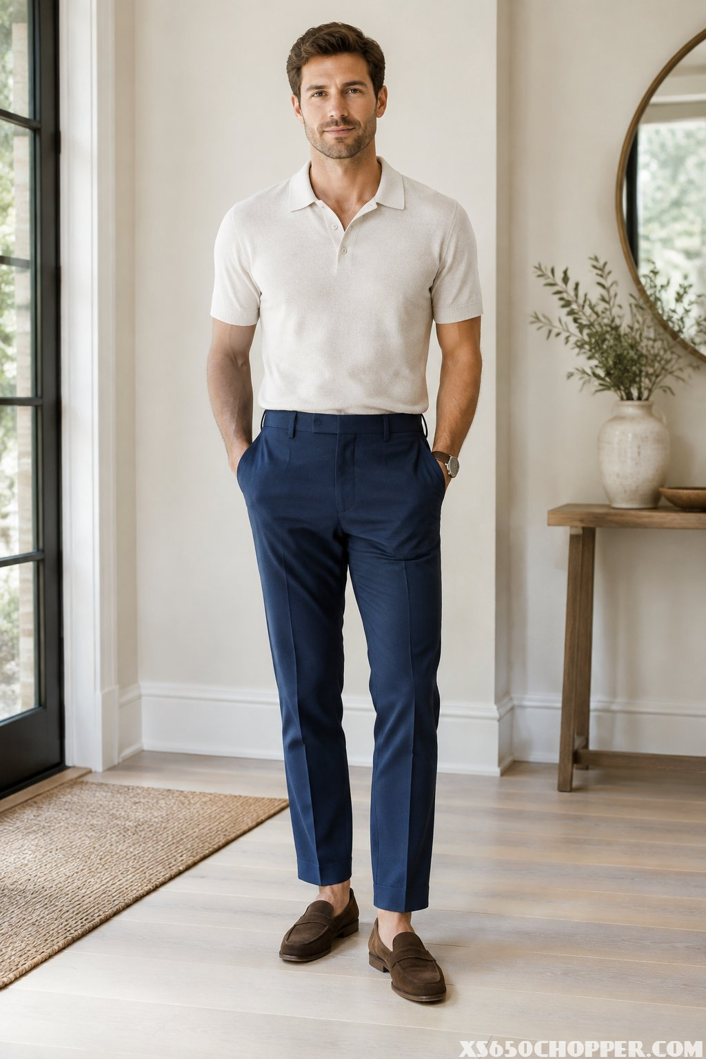 A man wears a knit polo, navy trousers, and suede loafers.