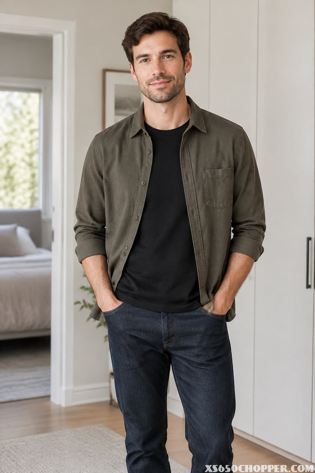 A man wearing a black T-shirt, dark jeans, and an open overshirt.